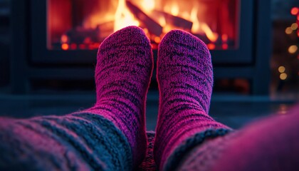 Cozy scene featuring warm, colorful socks by a glowing fireplace, ideal for winter or relaxation themes.