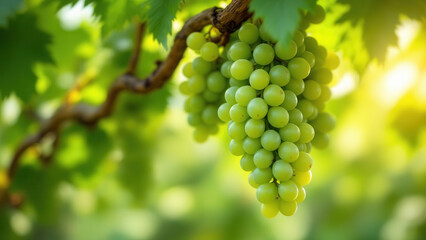 A close-up of a bunch's of green grapes ripening on a grape vine in a vineyard.