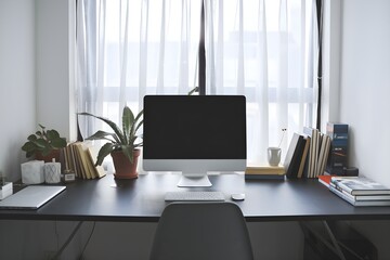 Fototapeta premium Blank monitor, potted plant, neat desk, window lighting minimalist workspace