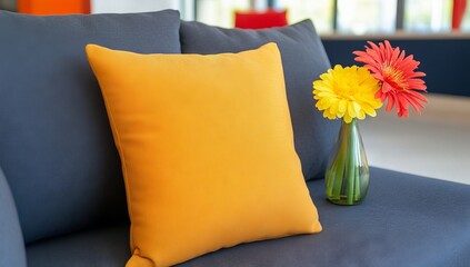 Gray Sofa with Textured Cushions and Flower Vases in Elegant Home Interior