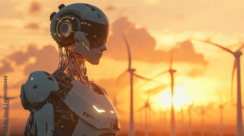 Poster a woman in a robot suit stands in front of a field of wind turbines