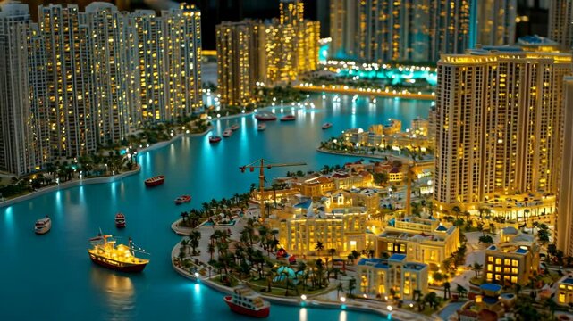 A detailed model of a city with many skyscrapers and buildings illuminated at night