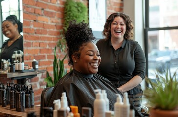 Smiling woman at hair salon enjoys a relaxing and joyful beauty treatment experience