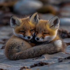 Fototapeta premium Playful baby red foxes snuggling on the beach, captured