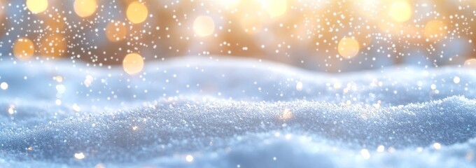 Soft, blurred background of white snow with bokeh lights and sparkling stars, creating an enchanting winter scene ideal for product display or digital art design.