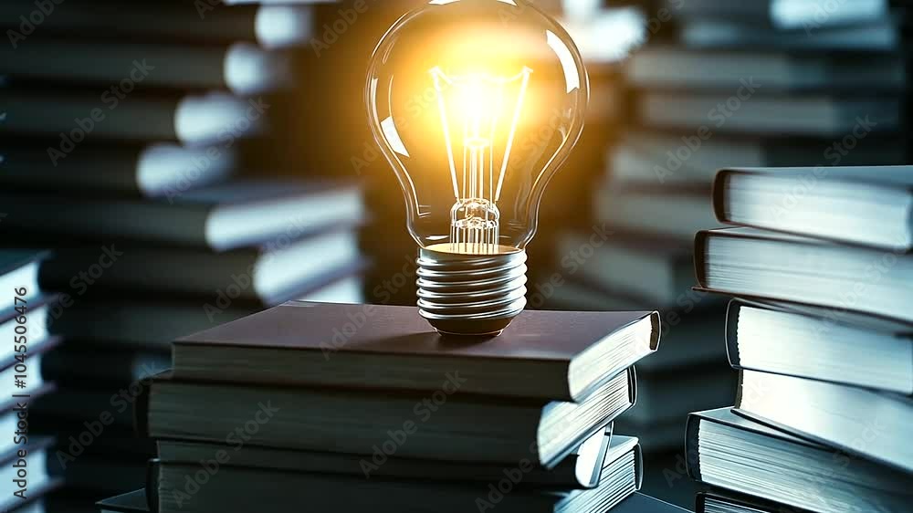 Aufkleber a glowing filament bulb in the center of a circular stack of academic textbooks, its soft glow repre