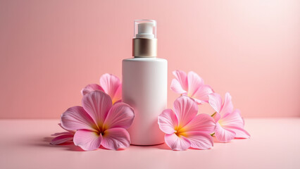 White cosmetic pump bottle with vibrant pink flowers on a soft pastel background, ideal for natural skincare and beauty product promotion.