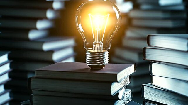 A glowing filament bulb in the center of a circular stack of academic textbooks, its soft glow representing the illumination of complex ideas and critical thinking