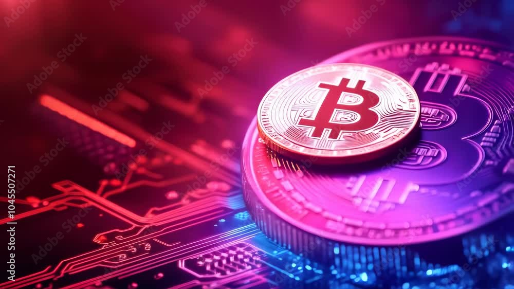 Poster digital currency and technology converge in vibrant depiction of bitcoin on colorful circuit board, 