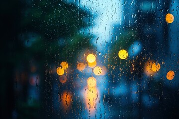 Rain-streaked Window with Blurred City Lights at Night