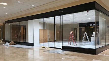 Storefront glass installation for a retail store, with large glass panes being fitted.