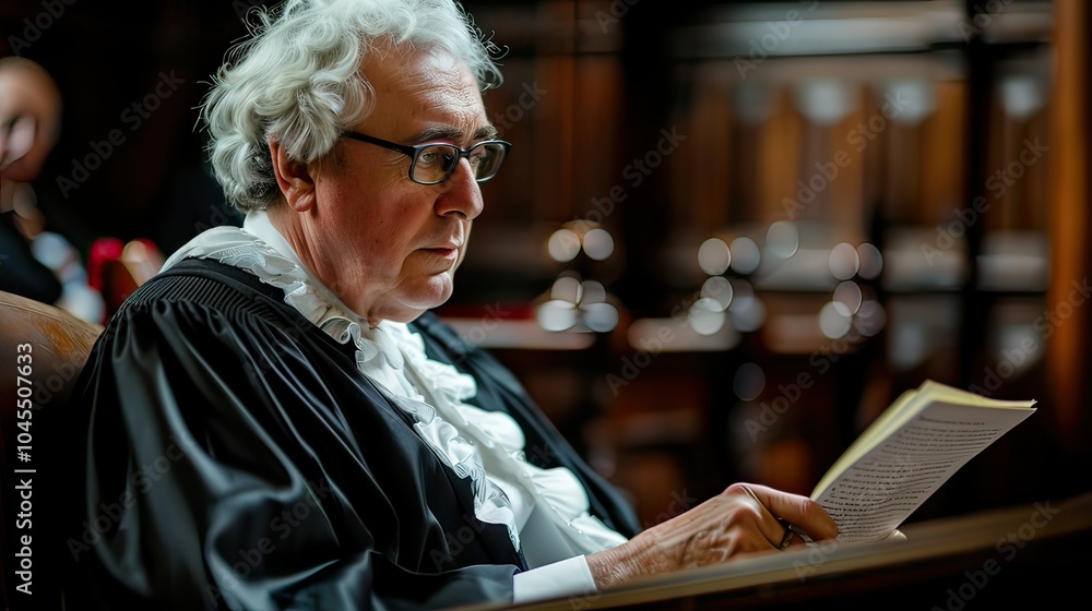 Poster a judge in traditional robes sitting at the bench, looking thoughtfully at a case file in a formal c