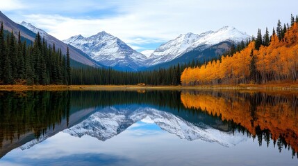 Serene alpine lake, with the still waters reflecting the surrounding forests and snowy peaks, bathed in the soft, golden glow of early morning light