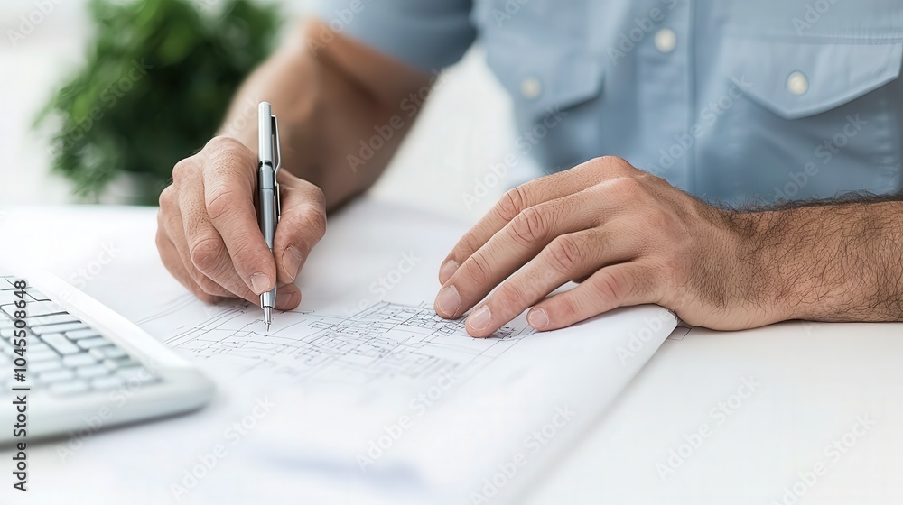 Poster engineer reviewing blueprints hands close up design architecture construction
