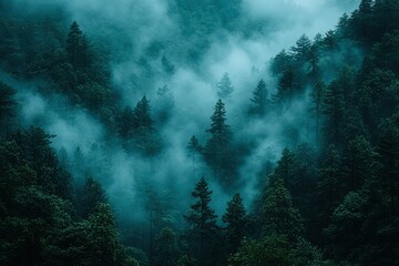 Fototapeta premium Misty Forest with Tall Pine Trees