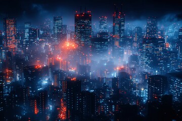 Naklejka premium A Foggy Nighttime View of a Dense Cityscape with Illuminated Windows