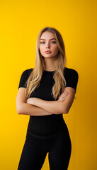 Obraz premium Blonde girl in black top and black leggings against yellow studio wall background