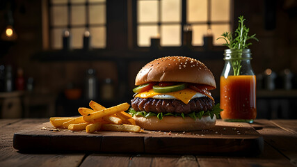 A burger served with fries on a wooden surface.