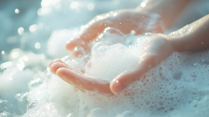 Fototapeta premium Close-Up of Hands with Soft Bubbly Foam