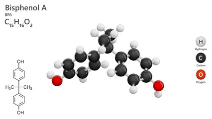 Molecule: Bisphenol A. Xenobiotic. Endocrine disruptor. Molecular structure. Formula: C15H16O2. Chemical model: Ball and stick. White background. 3D illustration.