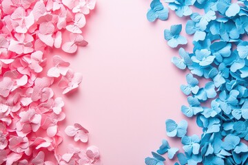 Colorful butterfly confetti, pink and blue on a pastel background.