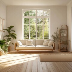 A bright living room with a large window, a white sofa, a wooden floor, and plants.