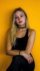 Fototapeta premium Blonde girl in black top and black leggings against yellow studio wall background
