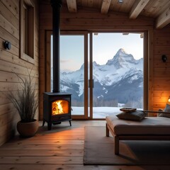 Cozy Wooden Cabin with Freestanding Vintage Fireplace and Panoramic View of Snowy Alps