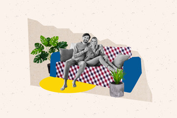 Creative collage image young couple family spouse boyfriend girlfriend spend time together room...