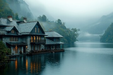Fototapeta premium Stone Cottage on a Misty Lake in a Mountainous Landscape