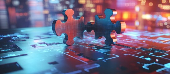 Two metallic puzzle pieces interlock on a digital background, representing teamwork and connection.