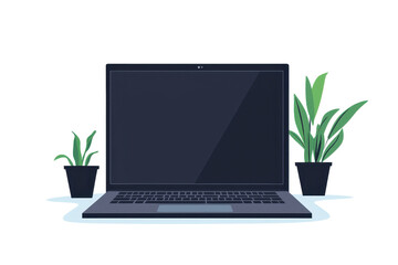 Fototapeta premium Minimalistic workspace with a sleek laptop and potted plants, perfect for productivity and tranquility in a modern office environment.