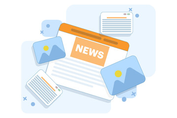 The concept of reading news online. People read publications and articles directly in newspapers, bulletin information, Access to current news via the Internet and ease of receiving information.