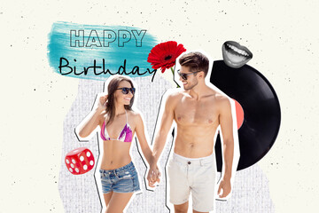 Composite trend artwork sketch image collage of happy birthday greeting card disco party vinyl...