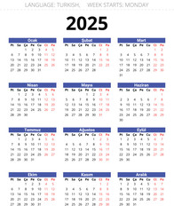 2025 year turkish calendar - takvim. Printable vector illustration Turkey