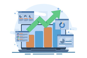 Business analysis concept, Financial report, Statistics, Finance, Research, Planning, Management, SEO marketing analysis, analysis, data processing, success strategy laptop screen. flat illustration.