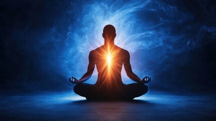 A meditative figure silhouette exudes radiant energy from the heart, surrounded by a mystical blue aura, symbolizing inner peace and spiritual awakening.