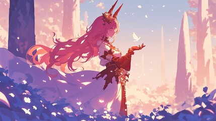 Obraz premium Pink-Haired Anime Girl with Horns Reaching Out to a Butterfly in a Fantasy Forest