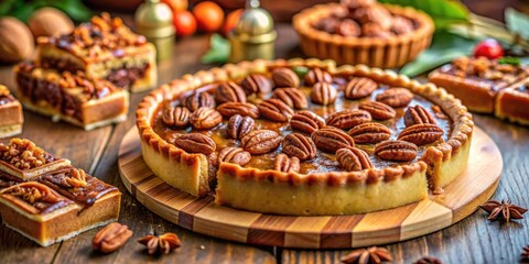 A slice of pecan pie on a wooden board, surrounded by other baked goods and spices