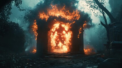Fototapeta premium A fiery archway in a dark forest, leading to an unknown destination.