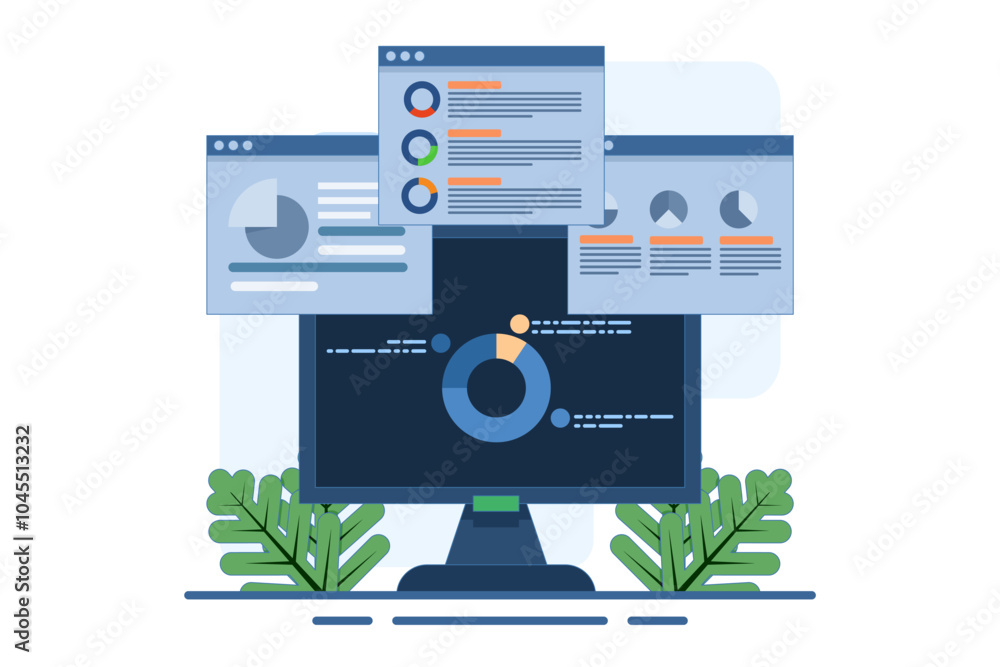 Poster concept of data and information displayed on dashboard, seo marketing analytics vector illustration,