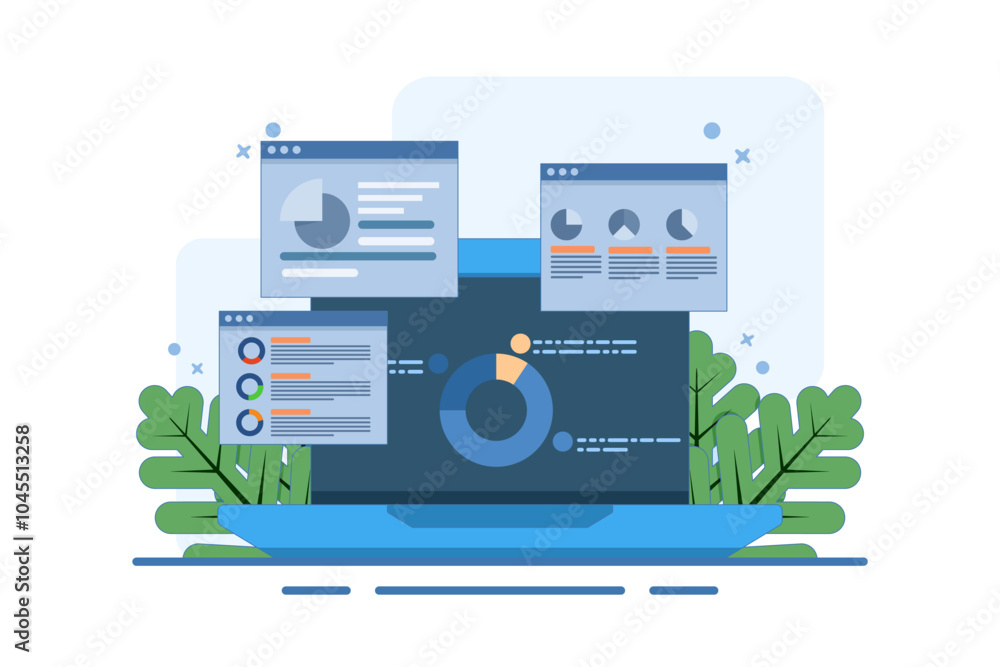 Poster concept of data and information displayed on dashboard, seo marketing analytics vector illustration,