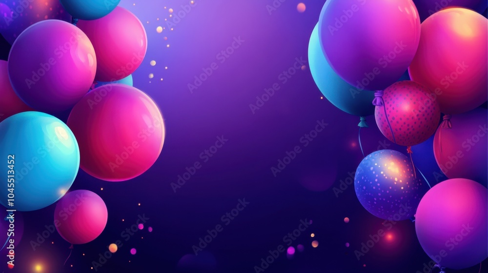 Poster a vibrant collection of colorful balloons floating in a dreamy, twilight backdrop filled with sparkl