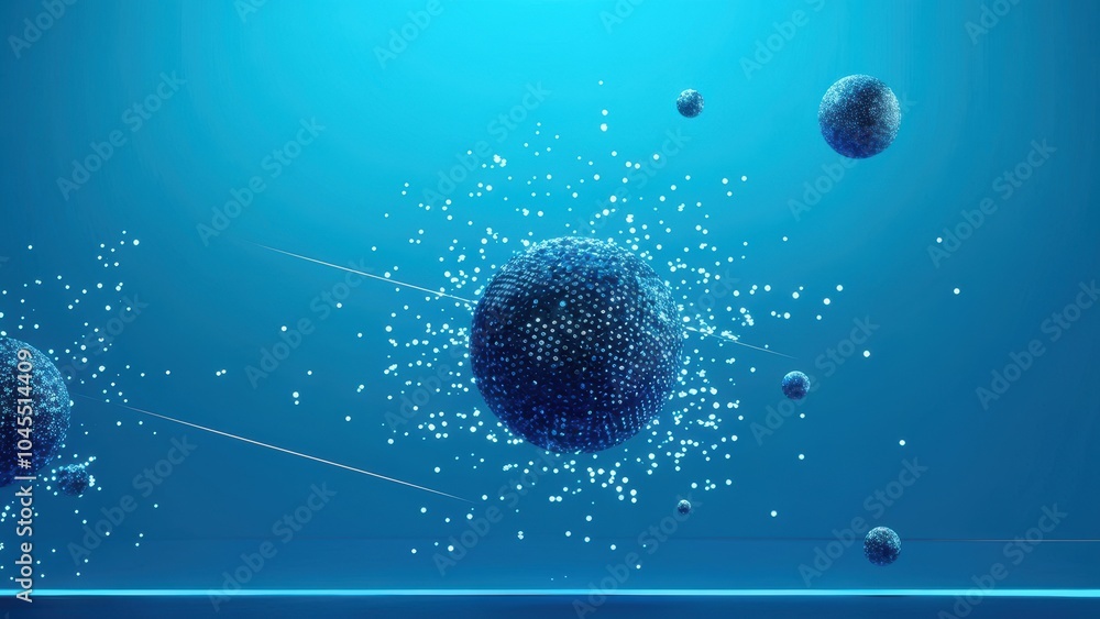 Poster abstract representation of particles in a blue environment, illustrating scientific concepts.