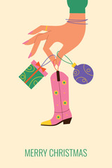 Christmas card. Graceful female hand holding gifts. Vertical vector illustration.