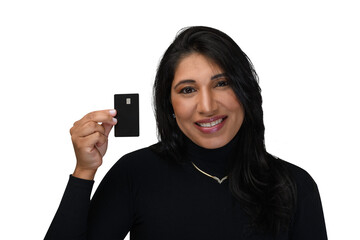 Fototapeta premium beautiful brunette woman holding a black credit card, brunette woman smiles