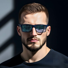 Obraz premium Data and information in the online system concept. User access and search of online information. Man wearing glasses with binary code.