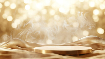 Round golden table top with abstract shadow drop on gold  white wall background for mockup product display golden background. Perfect for wedding invitations, feminine designs, and advertising themes.
