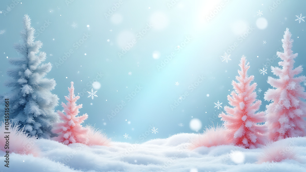 Poster Pastel colors and snowflakes create a serene winter landscape in this abstract Christmas scene with a soft blue hued background.