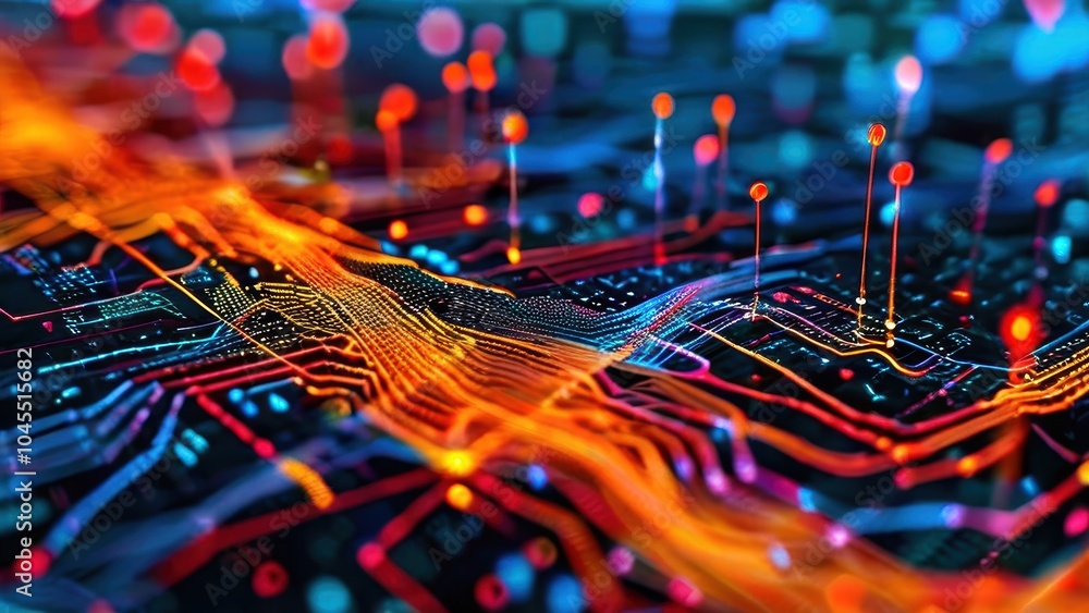 Poster abstract representation of digital circuits with vibrant colors and data flow.